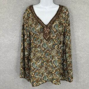 Metro 7 Blouse Womens 18W Brown‎ Paisley Beaded V Neck Long Sleeve Top Mature